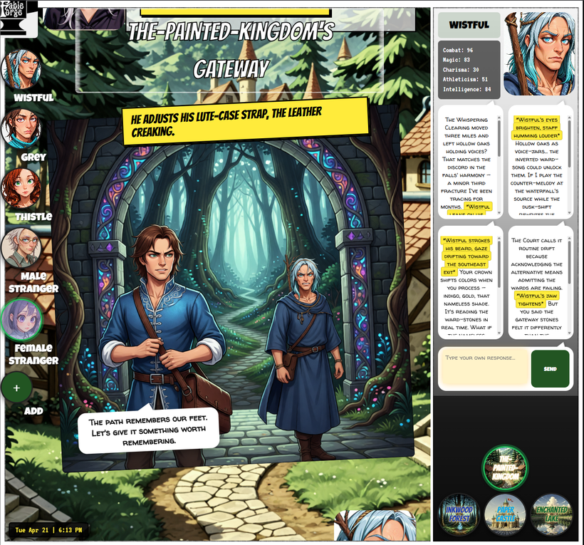 Dual-character story panel in The Painted Kingdom